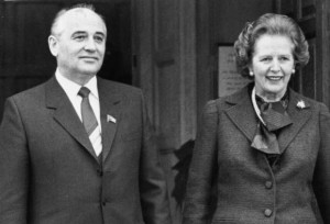 Gorbachev, soviet Politburo member poses with British PM Margaret Thatcher at Chequers during his December 1984 visit to the UK.