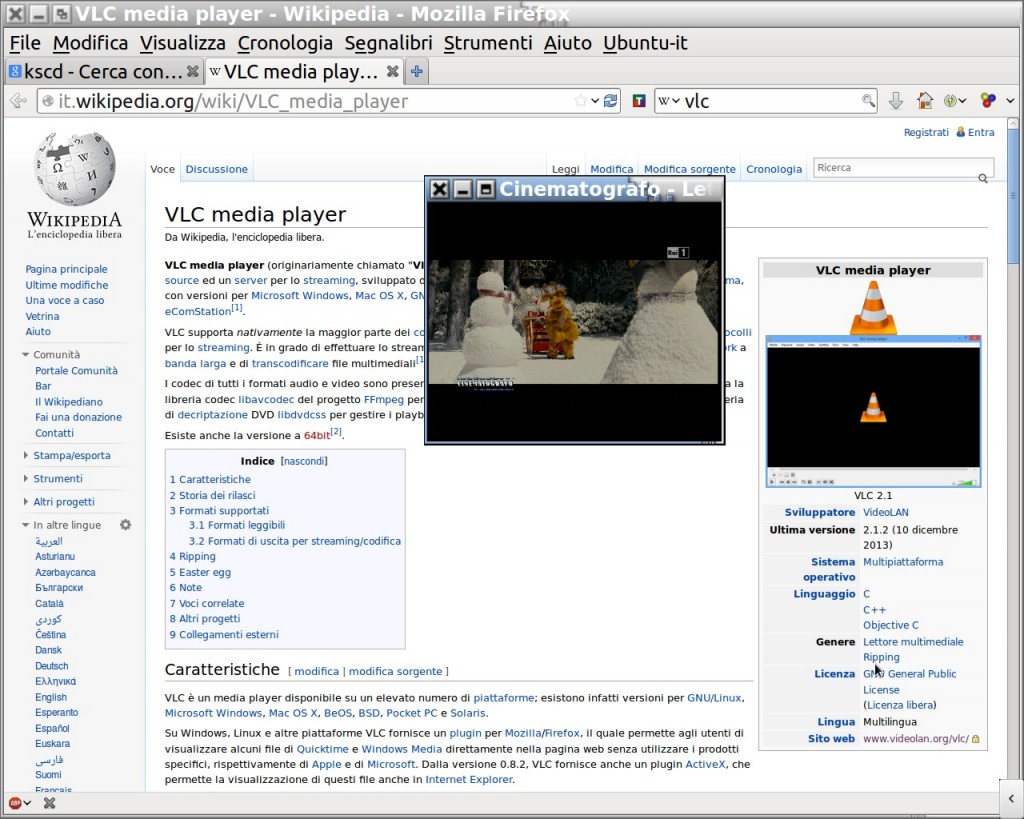 Figura 14. VLC in riproduzione di un canale televisivo in finestra in primo piano sulla sua pagina di Wikipedia.
