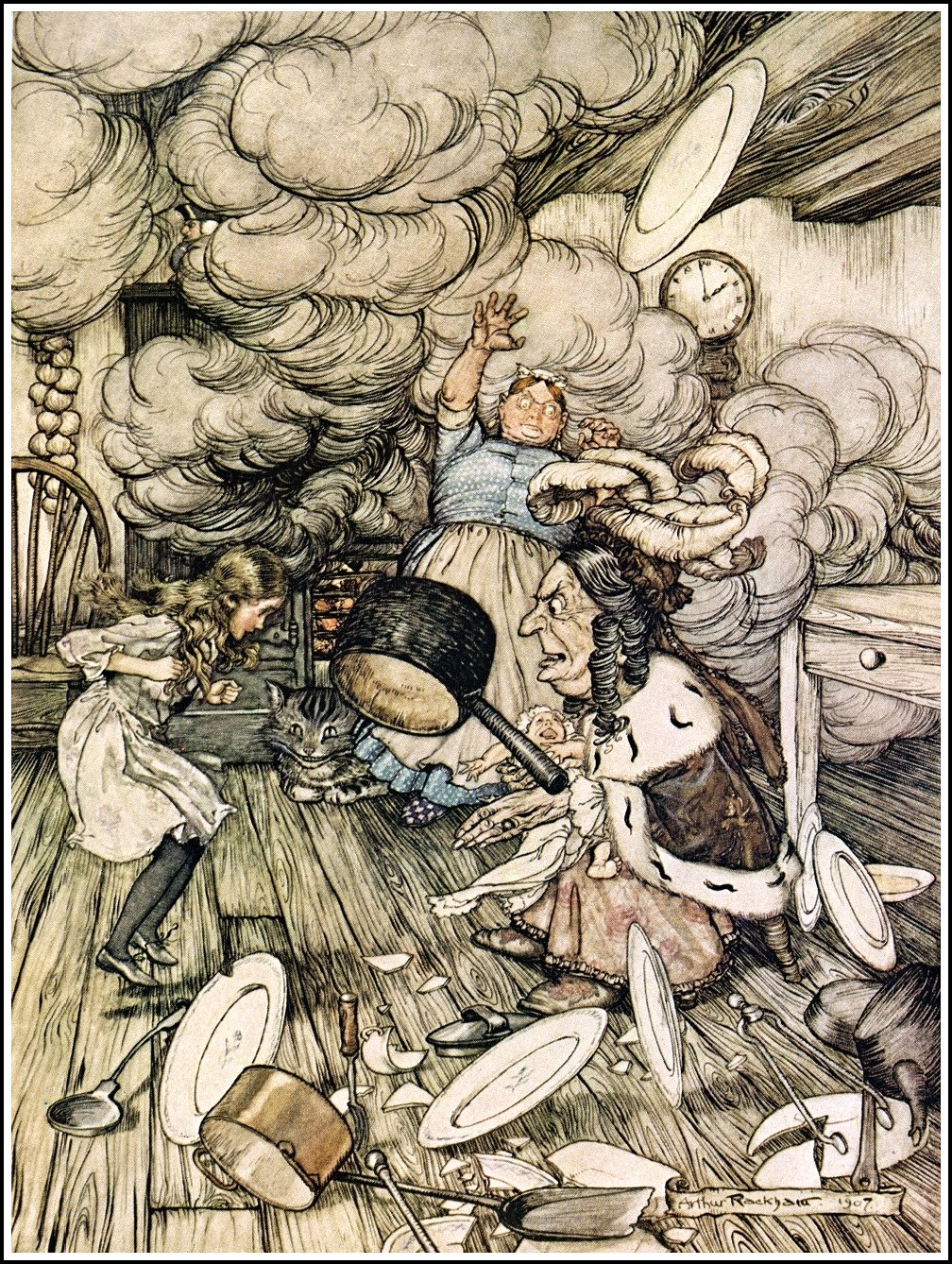 Alice_in_Wonderland_by_Arthur_Rackham_-_06_-_An_unusually_large_saucepan_flew_close_by_it,_and_very_nearly_carried_it_off
